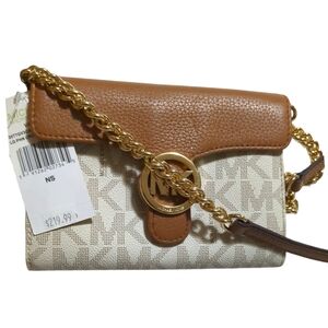 *New*Michael Kors Monogram White & Tan Leather Crossbody Purse